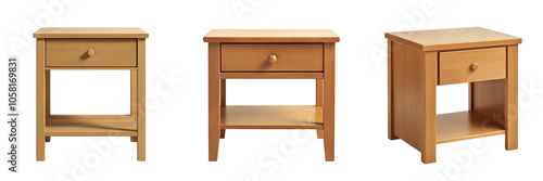 A simple, square bedside table with a single drawer and a lower shelf, isolated on a transparent background