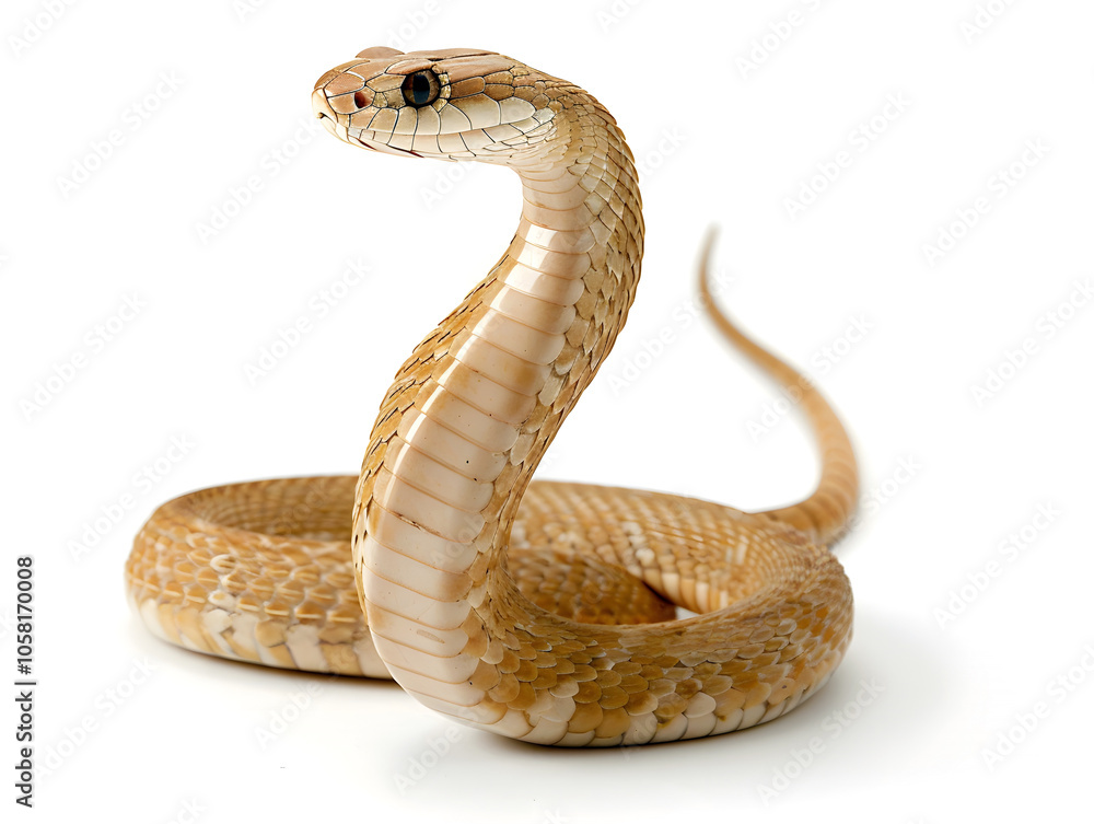 Fototapeta premium light-colored Egyptian cobra Naja haje snake with hood spread on white background