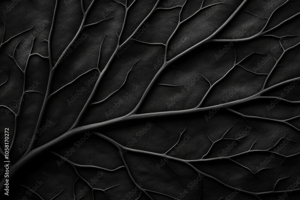 Fototapeta premium A stunning close-up of a black leaf, showcasing intricate vein patterns against a textured background that highlights nature's artistry in a striking monochromatic palette.