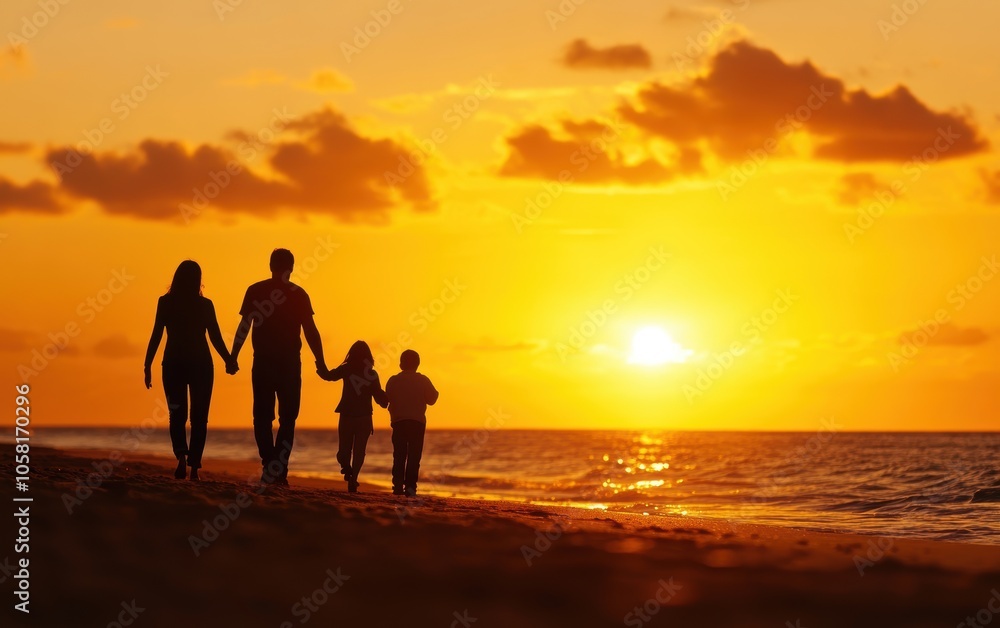A family walks hand in hand along the beach at sunset, silhouetted against the vibrant sky, embracing the warmth of togetherness and the beauty of nature. A family walks hand in hand along the beach at sunset, silhouetted against the vibrant sky, embracing the warmth of togetherness and the beauty of nature.