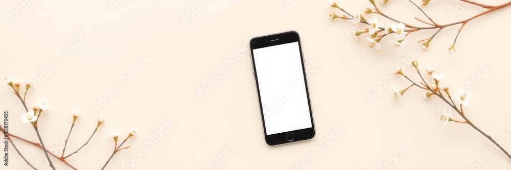 Blank screen smart phone with white floral branch on neutral pastel beige background, flat lay top view minimalist lifestyle blog website template mockup, smart phone, pastel beige, top view Blank screen smart phone with white floral branch on neutral pastel beige background, flat lay top view minimalist lifestyle blog website template mockup, smart phone, pastel beige, top view