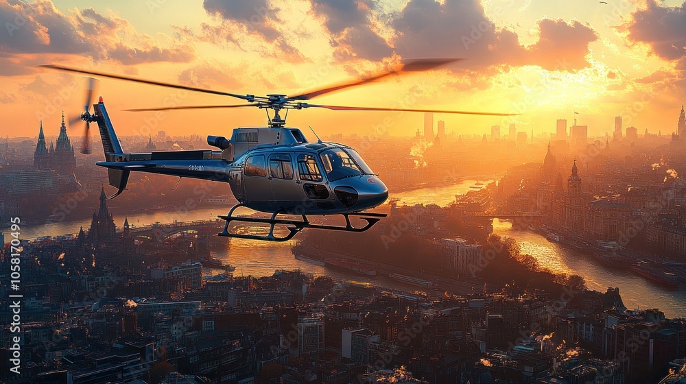 Helicopter Flying Over London at Sunset Helicopter Flying Over London at Sunset