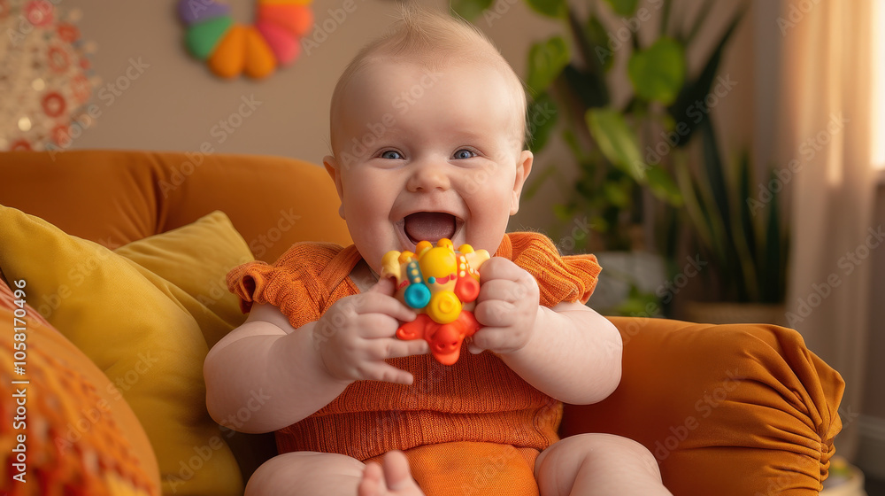 Playful baby with new teeth, joyfully chewing on colorful toy while sitting on cozy orange sofa. bright atmosphere enhances cheerful expression Playful baby with new teeth, joyfully chewing on colorful toy while sitting on cozy orange sofa. bright atmosphere enhances cheerful expression