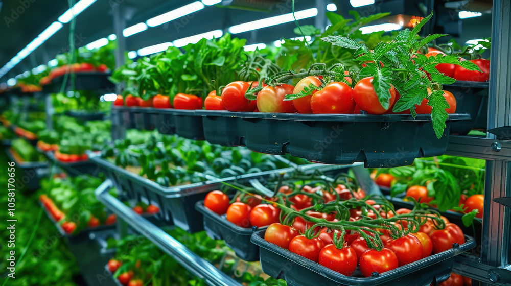 Fresh tomatoes and leafy greens displayed in modern indoor farm setting, showcasing vibrant colors and healthy produce. arrangement highlights abundance of ripe tomatoes ready for harvest Fresh tomatoes and leafy greens displayed in modern indoor farm setting, showcasing vibrant colors and healthy produce. arrangement highlights abundance of ripe tomatoes ready for harvest