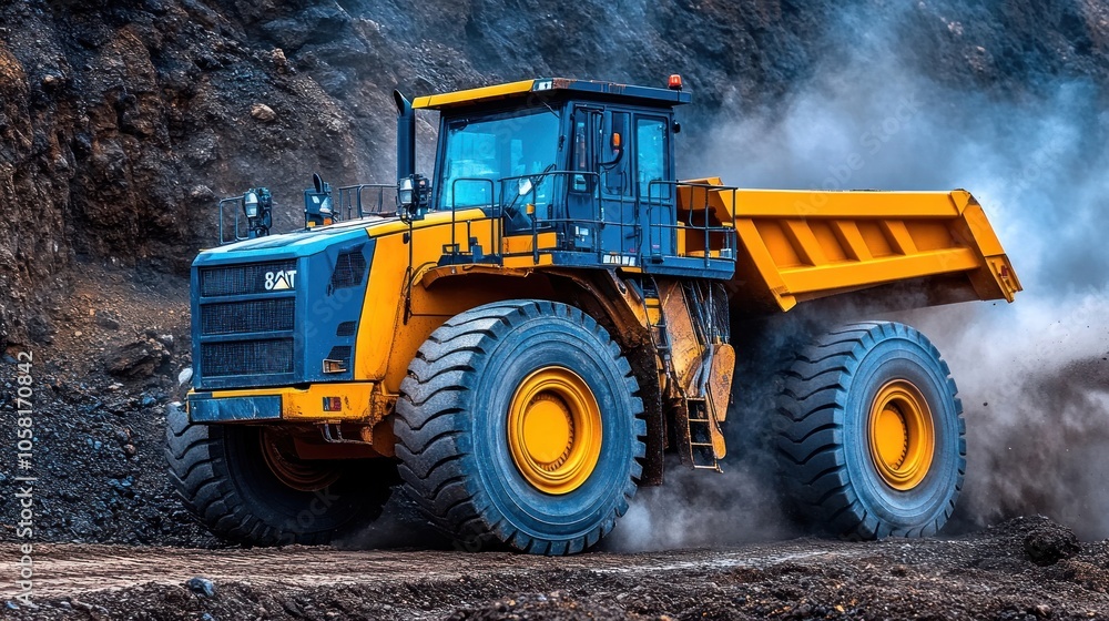 Obraz premium A large yellow dump truck drives on a dirt road with smoke coming from its wheels.