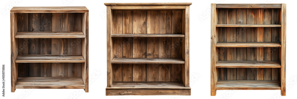 A rustic wooden bookshelf with open shelves and a distressed finish, isolated on a transparent background A rustic wooden bookshelf with open shelves and a distressed finish, isolated on a transparent background