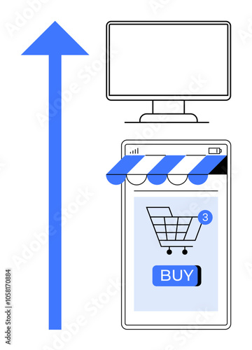 Computer monitor above online shopping cart with buy button and three items notification below an upward arrow. Ideal for e-commerce, online shopping, digital marketing, sales growth, and technology