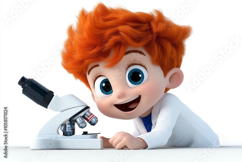 a 2D cartoon illustration of a child looking through a microscope for science class investigative and fun white background photo