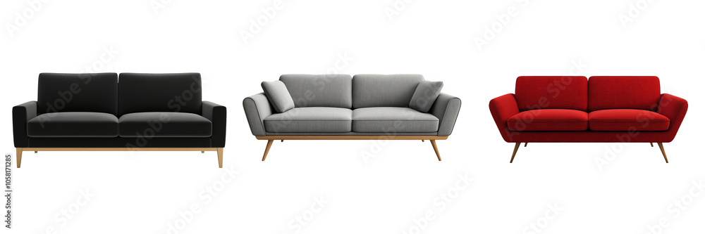 A modern, minimalist sofa with clean lines and wooden legs, isolated on a transparent background