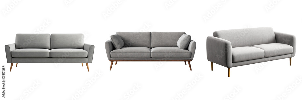 A modern, minimalist grey sofa with clean lines and wooden legs, isolated on a transparent background A modern, minimalist grey sofa with clean lines and wooden legs, isolated on a transparent background