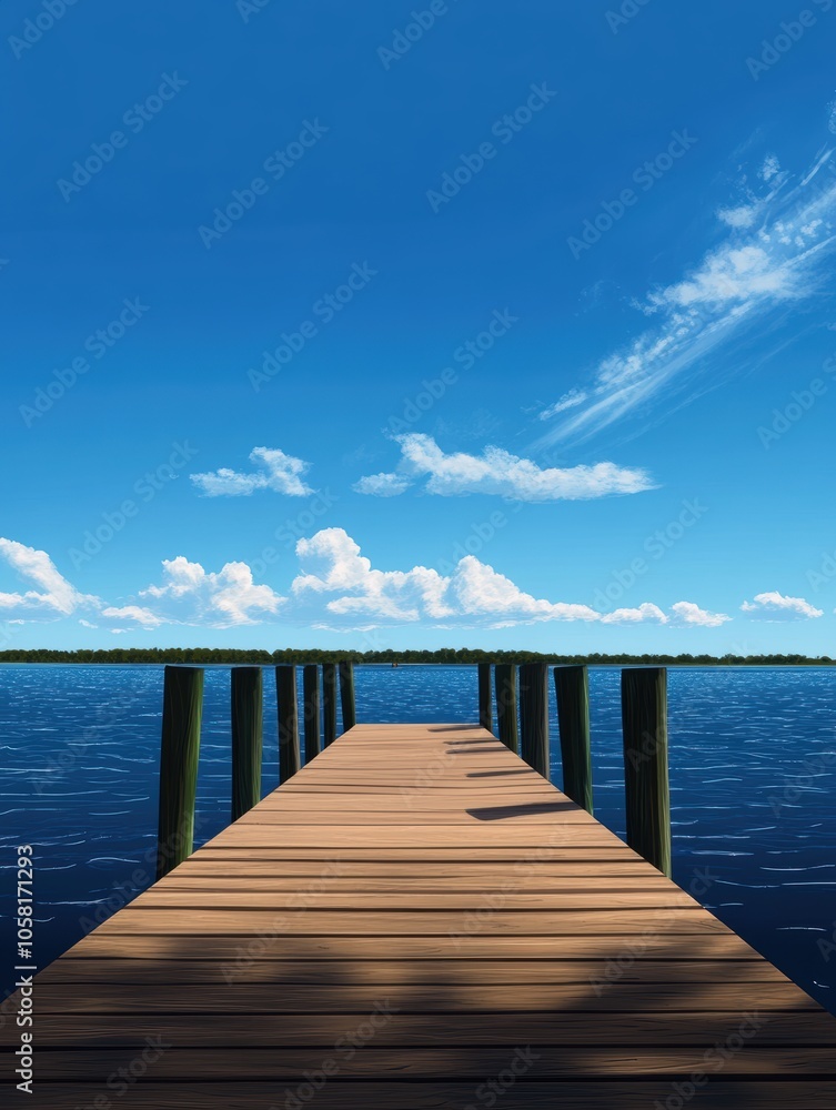 Obraz premium A tranquil wooden dock extends into a calm blue lake under a vibrant sky, adorned with fluffy white clouds. This serene landscape invites relaxation and contemplation amidst nature's beauty.