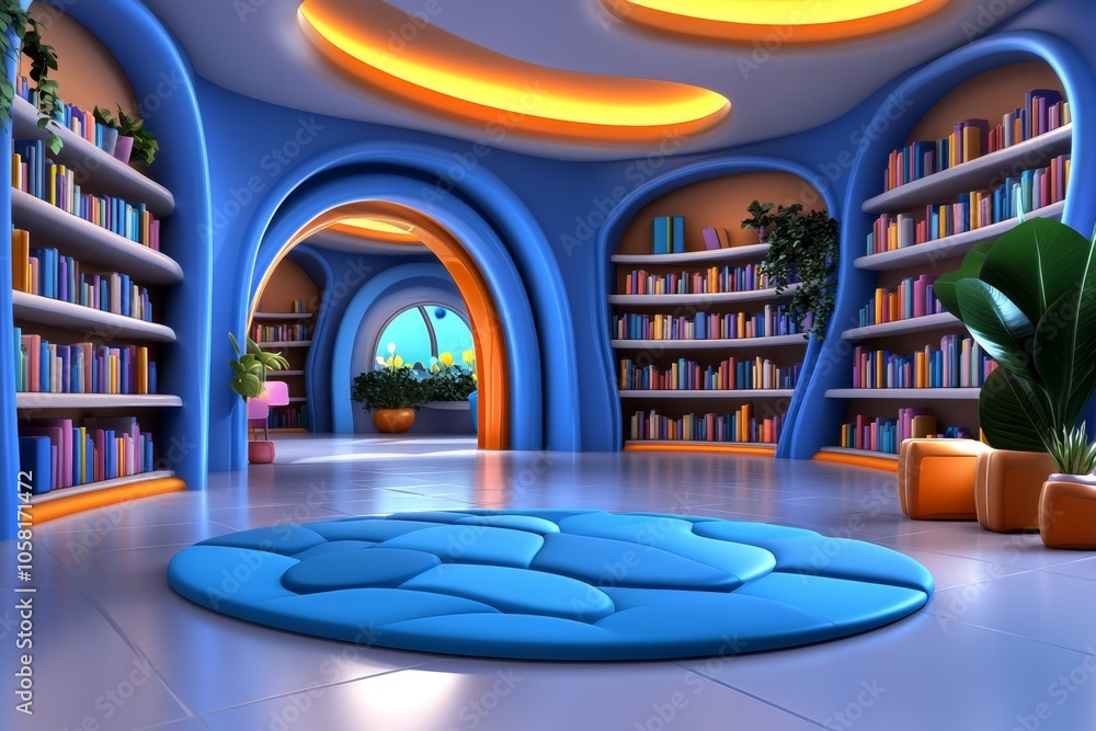 a 2D cartoon illustration of a library with shelves full of books ...