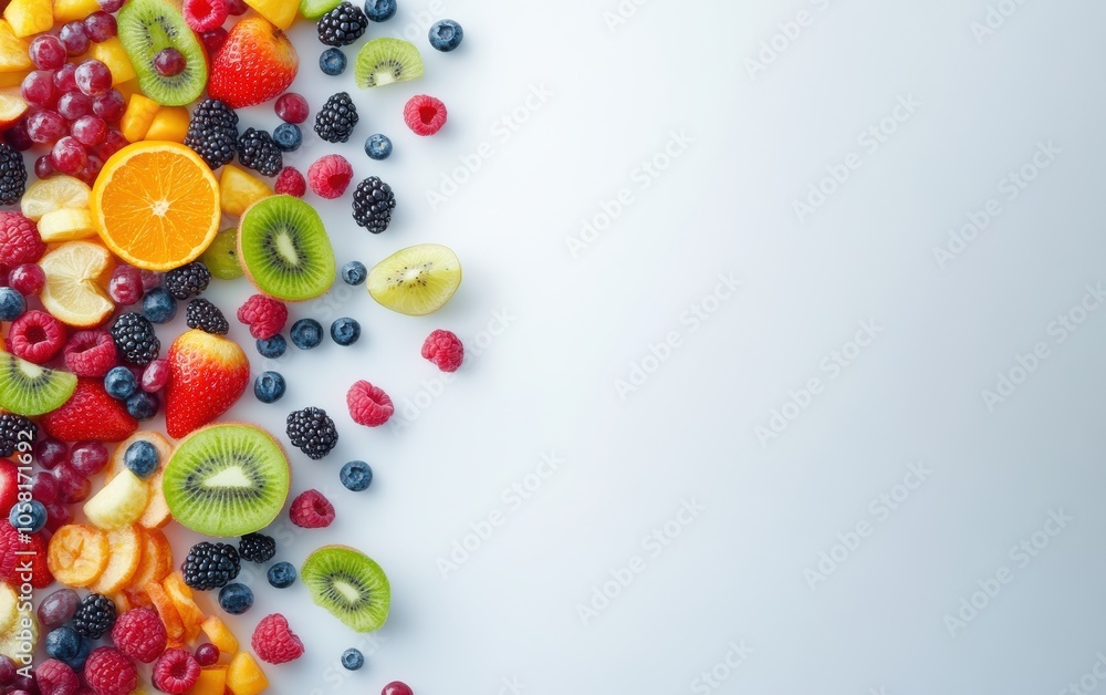 Obraz premium A colorful arrangement of fresh fruits, including strawberries, kiwis, and oranges, creates a delightful and healthy snack display. Perfect for summer parties and nutritious recipes.