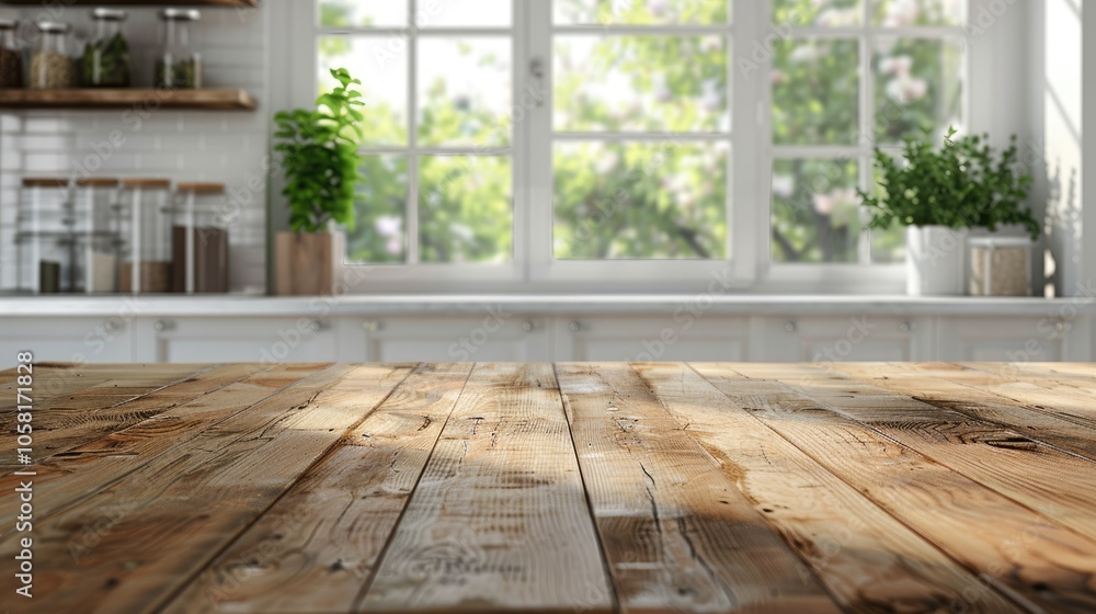 Kitchen bench interior with wooden table and blurred background
