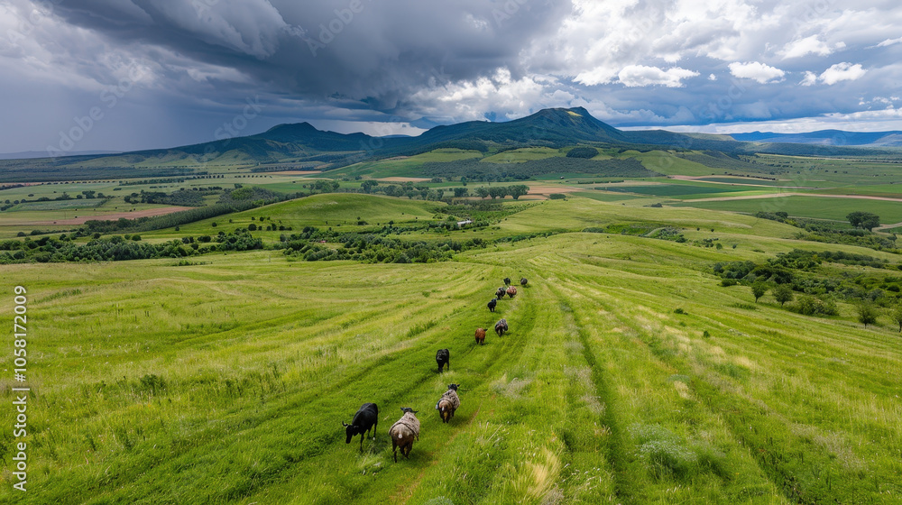 Fototapeta premium Lush green hills with grazing cows under dramatic sky create serene rural landscape. rolling terrain and distant mountains enhance peaceful atmosphere of nature