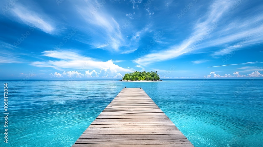 Obraz premium Beautiful tropical landscape background, concept for summer travel and vacation. Wooden pier to an island in ocean against blue sky with white clouds, panoramic view. 
