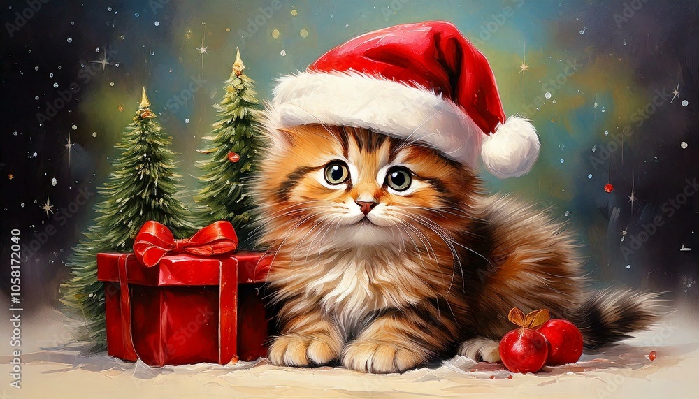 サンタ帽をかぶった子猫 クリスマスイブ 生成AI素材 サンタ帽をかぶった子猫 クリスマスイブ 生成AI素材