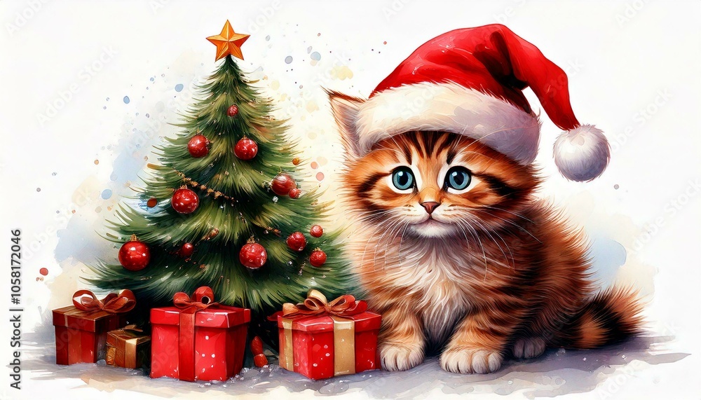サンタ帽をかぶった子猫 クリスマスイブ 生成AI素材 サンタ帽をかぶった子猫 クリスマスイブ 生成AI素材