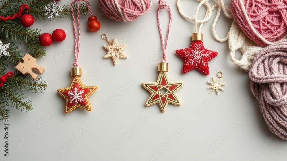 Christmas background with a variety of knitting and sewing kit items made from natural wool yarn, ornaments, hobby, DIY Christmas background with a variety of knitting and sewing kit items made from natural wool yarn, ornaments, hobby, DIY