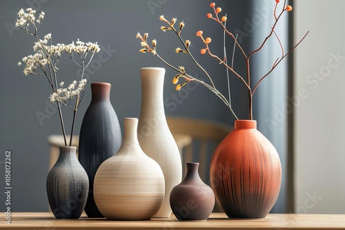 Isolated set of contemporary decorative ceramic designer vases. Generative Ai