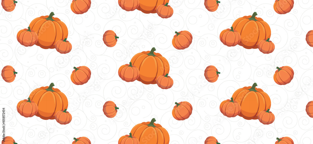 Thanksgiving pumpkin pattern on a white background with swirling lines, warm autumn colors, for holiday wrapping paper, fabric prints, stationery.