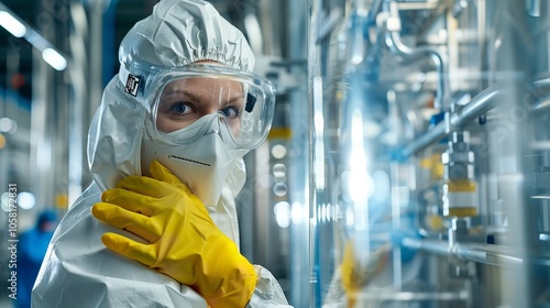 A pharmaceutical factory employee wearing a protective hazmat suit. Generative Ai