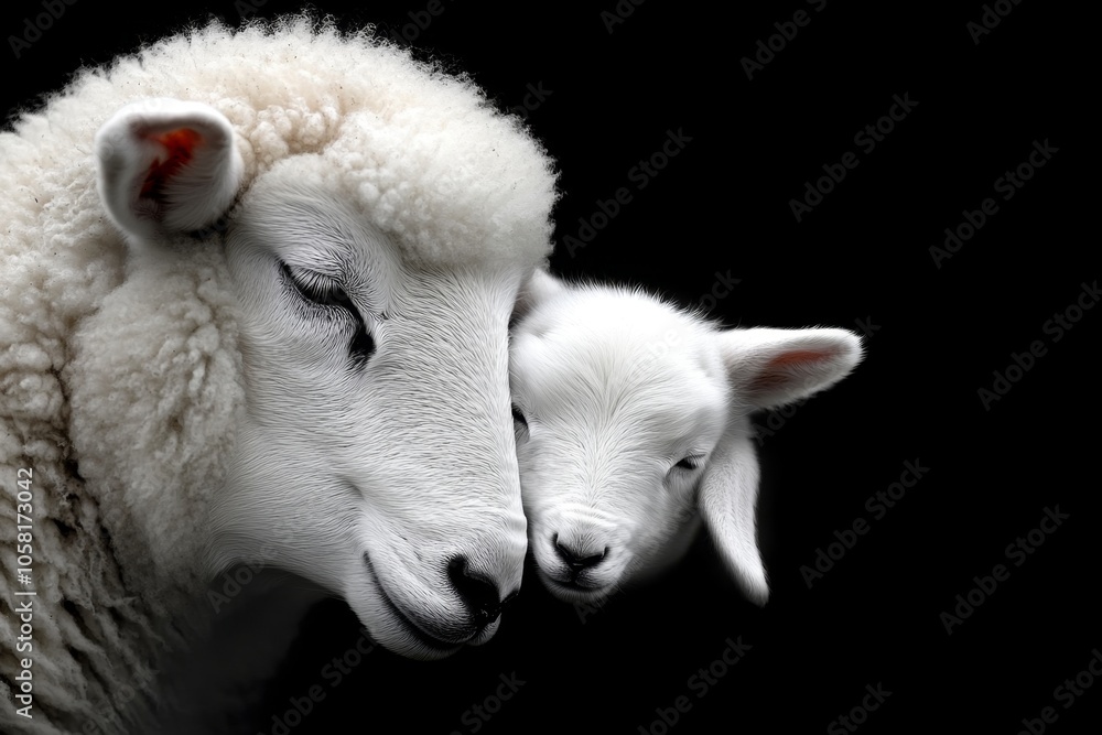 A lamb nuzzling against its mother in a field, with soft lighting capturing the tender innocence and bond of nature, symbolizing warmth and gentleness A lamb nuzzling against its mother in a field, with soft lighting capturing the tender innocence and bond of nature, symbolizing warmth and gentleness