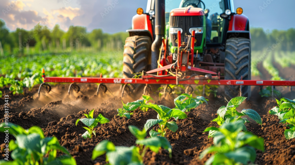 Farming tractor with plow attachment working in field, cultivating soil and nurturing young plants. scene captures essence of agricultural productivity and growth Farming tractor with plow attachment working in field, cultivating soil and nurturing young plants. scene captures essence of agricultural productivity and growth