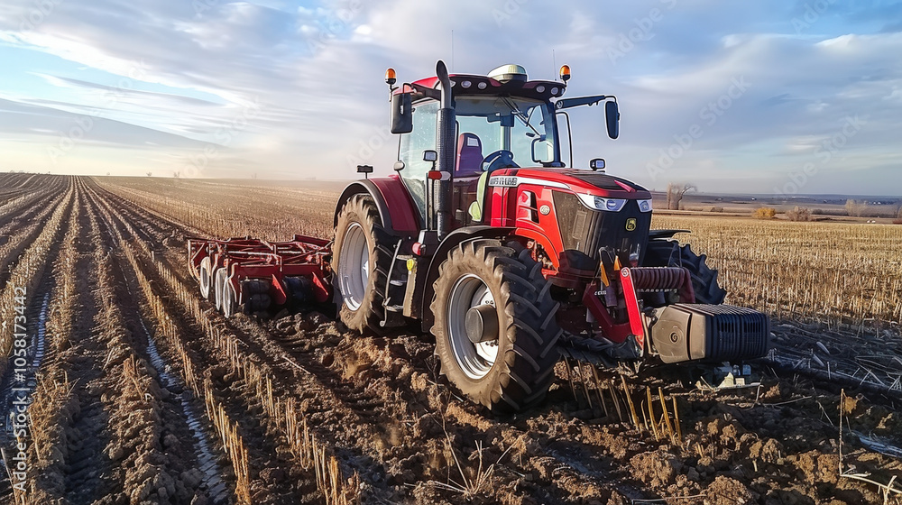 Obraz premium Tractor with plow attachment working through soil in field, showcasing agricultural machinery in action. scene captures essence of farming and land preparation