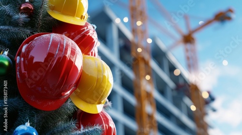 Hard hats hung on a decorated Christmas tree, snowy construction site, 3D illustration