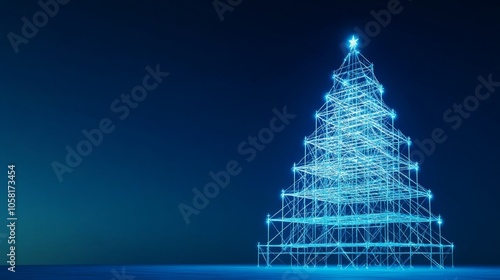 Scaffolding resembling Christmas tree, lights and decorations, 3D illustration