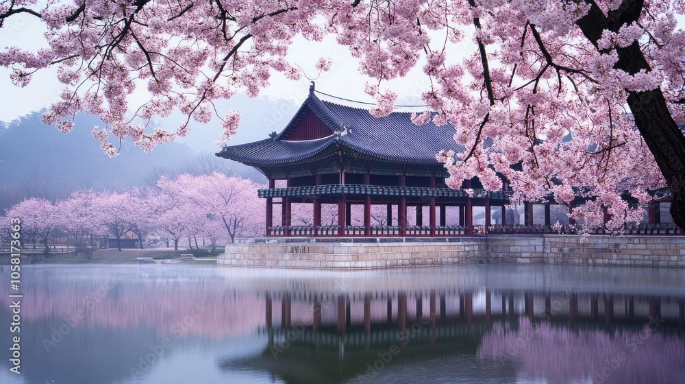 Serene Reflection of a Pagoda Amidst Cherry Blossoms Serene Reflection of a Pagoda Amidst Cherry Blossoms