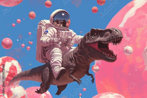 A man in a spacesuit is riding a dinosaur