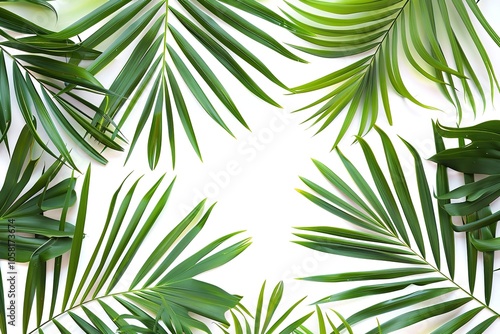 An solitary tropical frame with green palm fronds on a white backdrop. Generative Ai