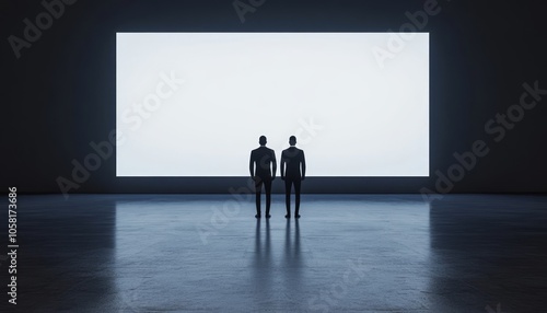 Two men silhouetted in front of a large, bright screen in a dark room.