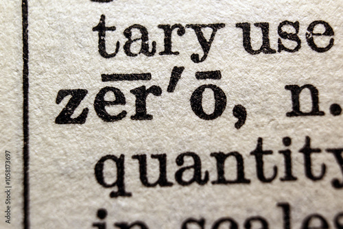 Word zero on dictionary page, macro close-up