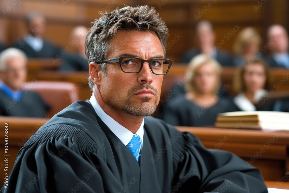 Fototapeta premium Court official handing over a subpoena with a serious expression, capturing the official tone and authority in legal proceedings, symbolizing obligation and respect