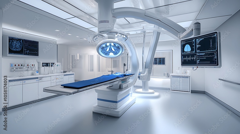 A modern surgical room equipped with advanced technology for medical procedures.