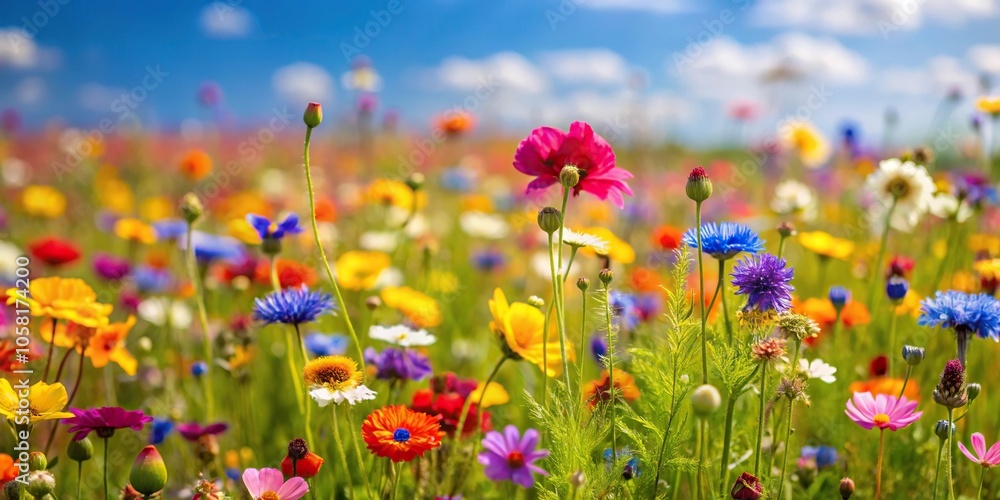 A field of vibrant wildflowers swaying gently in the breeze on a warm summer day, orange, flora A field of vibrant wildflowers swaying gently in the breeze on a warm summer day, orange, flora