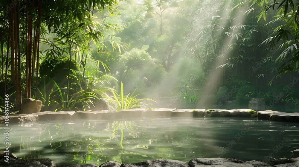 A serene, misty landscape featuring a tranquil pool surrounded by lush greenery and dappled sunlight filtering through the leaves. A serene, misty landscape featuring a tranquil pool surrounded by lush greenery and dappled sunlight filtering through the leaves.