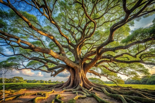 Ancient tree with gnarled roots and branches stretching towards the sky, roots, spiritual, forest, mystic, ancient tree