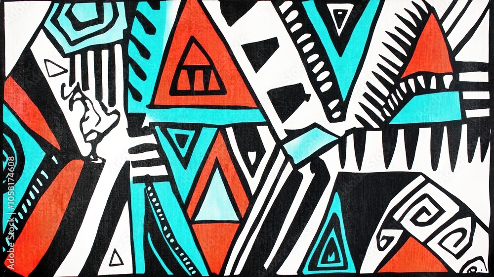 Modern Tribal Patterns,a combination of black, white, and bright accent colors like turquoise and red, with sharp lines and dynamic shapes Modern Tribal Patterns,a combination of black, white, and bright accent colors like turquoise and red, with sharp lines and dynamic shapes