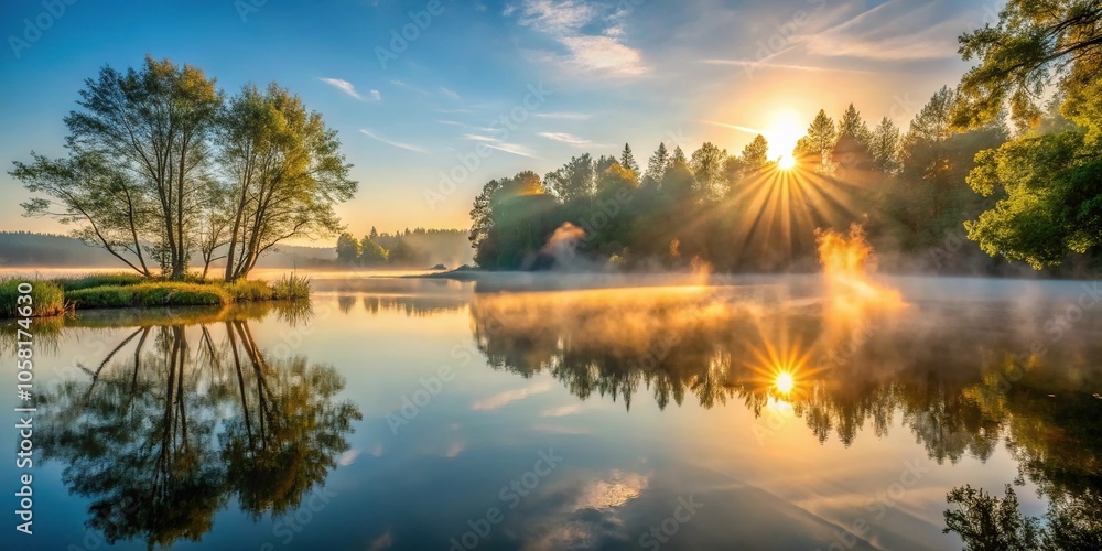 Obraz premium A serene lake at dawn with mist rising from the water's surface and sunlight peeking through the trees, tranquil atmosphere, calm