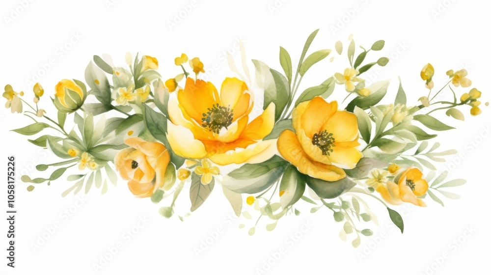 Beautiful wedding design featuring yellow flowers and lush green garden in watercolor style on a white background
