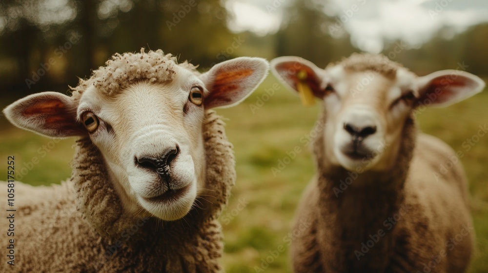 Two curious sheep in a grassy field, showcasing rural life and animal interaction. Two curious sheep in a grassy field, showcasing rural life and animal interaction.