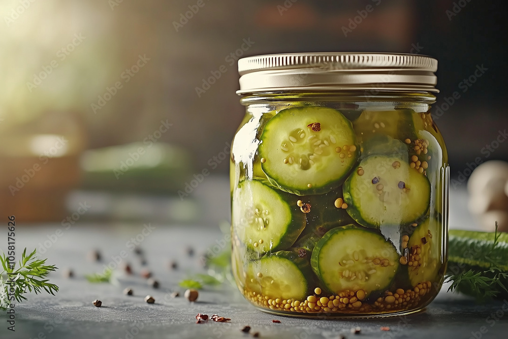 Selective focus jar of sliced cucumber pickled on table in the kitchen, Cucumber pickled in glass jar on black stone table. Selective focus jar of sliced cucumber pickled on table in the kitchen, Cucumber pickled in glass jar on black stone table.