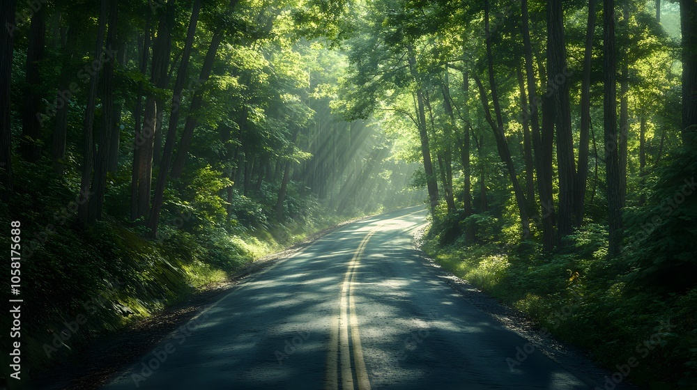 Obraz premium Aerial view of a road in the middle of the forest. 