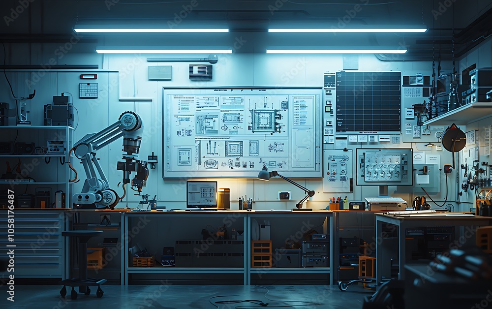 A well-lit workshop featuring tools, schematics, and a robotic arm, showcasing a blend of technology and engineering creativity.