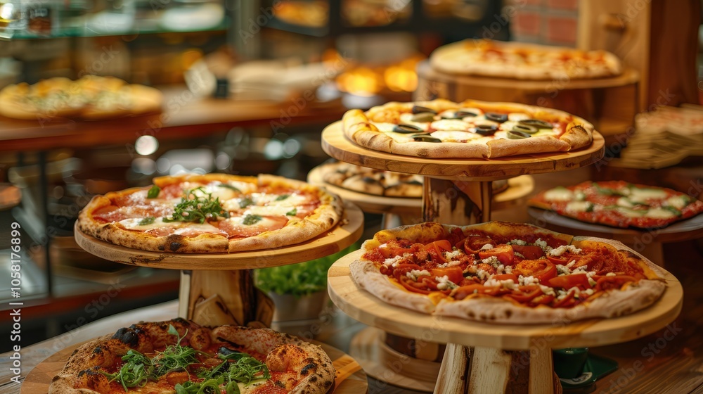 Variety of pizzas and sauces arranged on wooden stands on a textured table in the pizzeria for special occasions. Variety of pizzas and sauces arranged on wooden stands on a textured table in the pizzeria for special occasions.