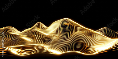 3D flow mountain wave abstract flow gold liquid curve with glitter metallic glossy line, golden yellow light fashion shiny dessert landscape texture technology web banner background